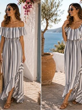 bailey blue Striped Off-Shoulder Maxi Dress in Gray and White